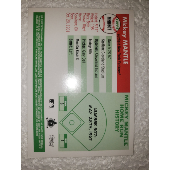 Topps Mickey Mantle Card from 2008 HR #507 in Ty Card Protector NM - Picture 2 of 4